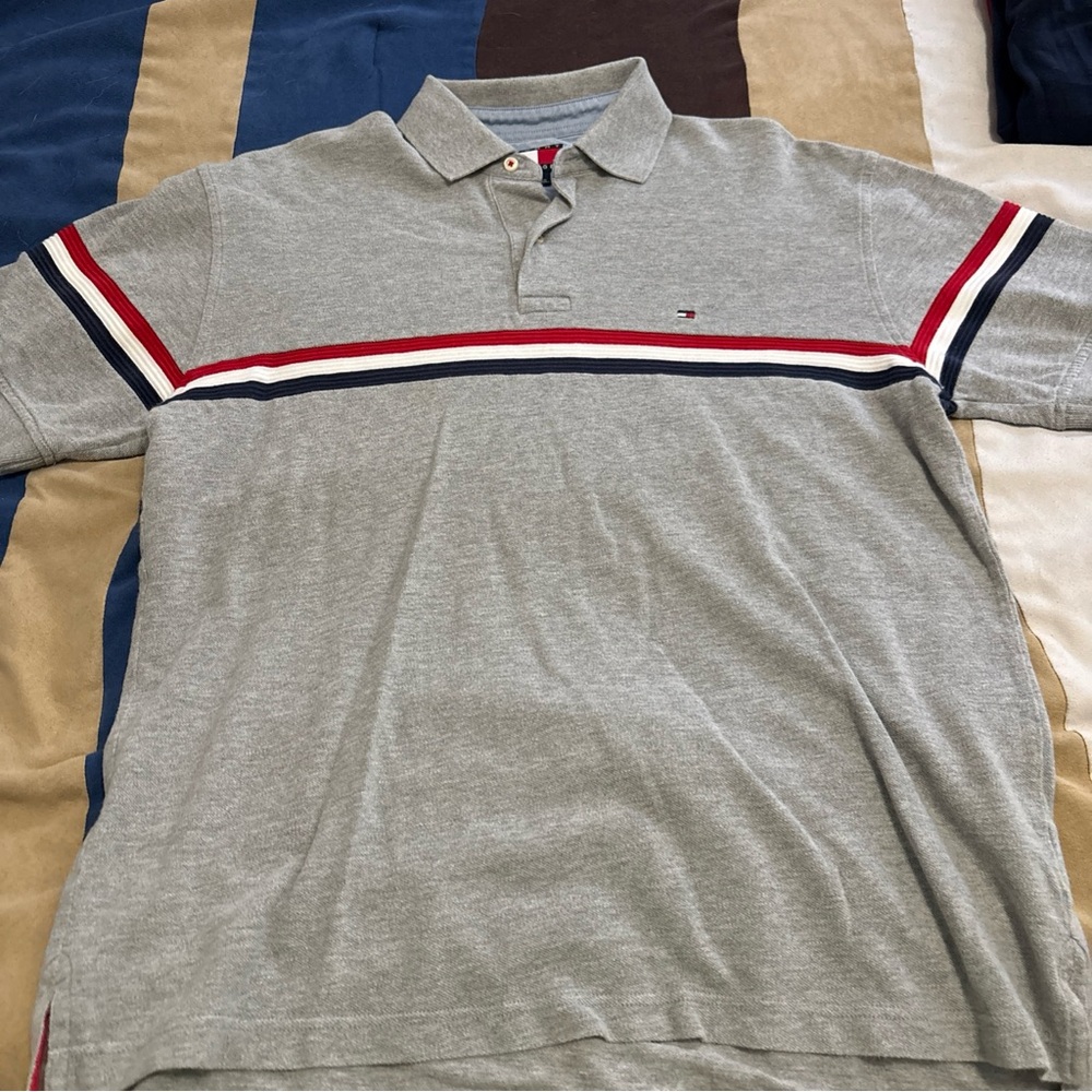 Tommy Hilfiger Gray Polo with Red and Blue Accents